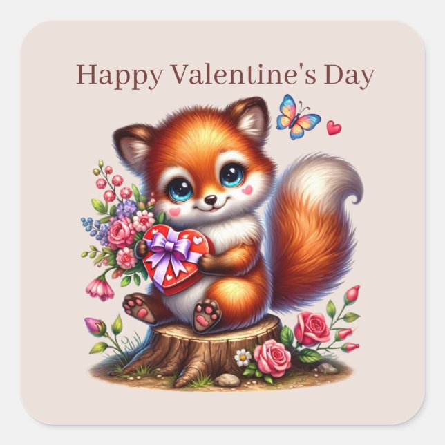 Sticker Carré Beau renard Heureuse Sainte-Valentin (Devant)