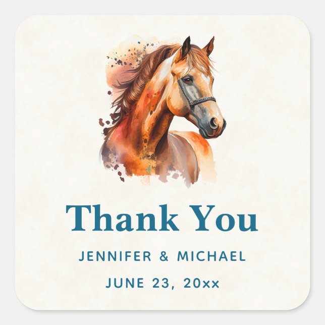 Sticker Carré Beau Sorrel Horse Portrait Mariage Merci (Devant)