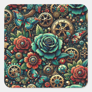 Sticker Carré Beau Steampunk Gears à thème et Roses