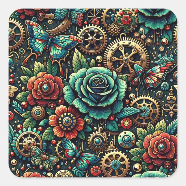 Sticker Carré Beau Steampunk Gears à thème et Roses (Devant)