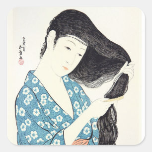 Sticker Carré Beauté japonaise Comportant Ses Cheveux