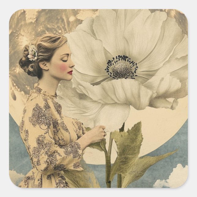 Sticker Carré Beauté Lune - Femme avec Fleur Blanche et Lune (Devant)