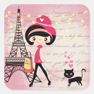 Sticker Carré Beautiful Girl and Cat à Paris Eiffel