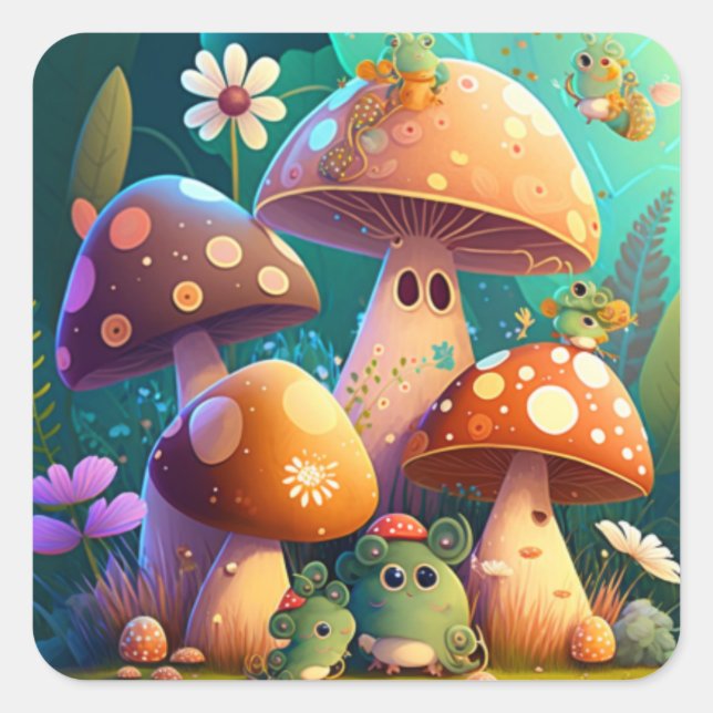 Sticker Carré Beaux champignons mignons (Devant)