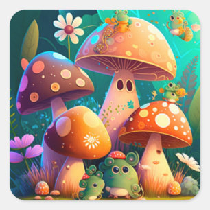 Sticker Carré Beaux champignons mignons