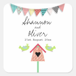 Sticker Carré Beaux Oiseaux Whimsiques Et Mariage D'Oiseaux Favo