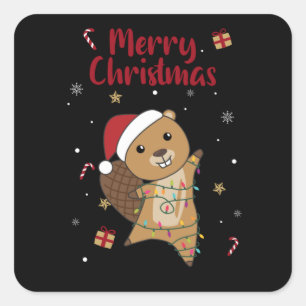 Sticker Carré Beaver Joyeux Noël Animaux d'hiver Beavers
