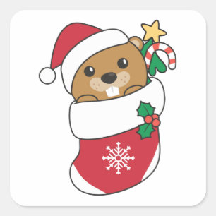 Sticker Carré Beaver Noël Neige Hiver Animaux Castor