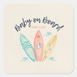 Sticker Carré Bébé à bord Planche de surf Baby Shower