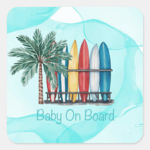 Sticker Carré Bébé à bord surf Baby shower Turquoise