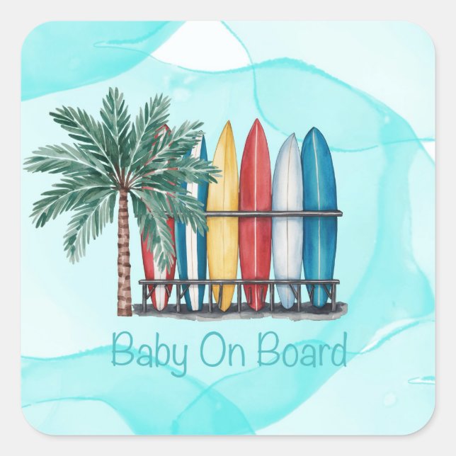 Sticker Carré Bébé à bord surf Baby shower Turquoise (Devant)