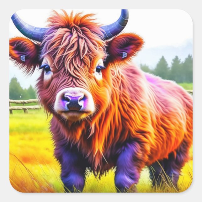 Sticker Carré Bébé adorable Vache Highland sur une ferme (Devant)