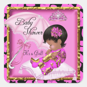 Sticker Carré Bébé afro-américain adorable Shower Rose Léopard