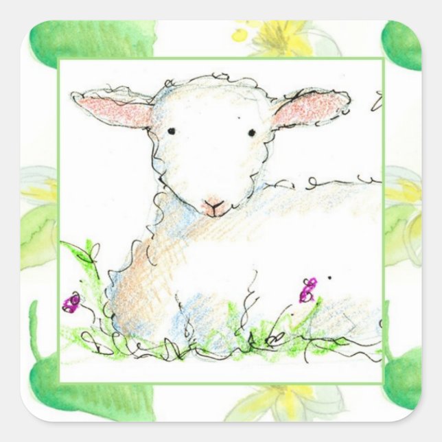 Sticker Carré Bébé Agneau de ferme Mouton Jaune Fleurs (Devant)