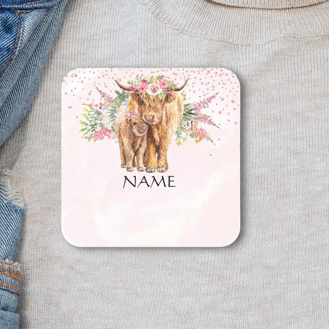 Sticker Carré Bébé baby shower Highland Nom de la vache Balise (Créateur téléchargé)