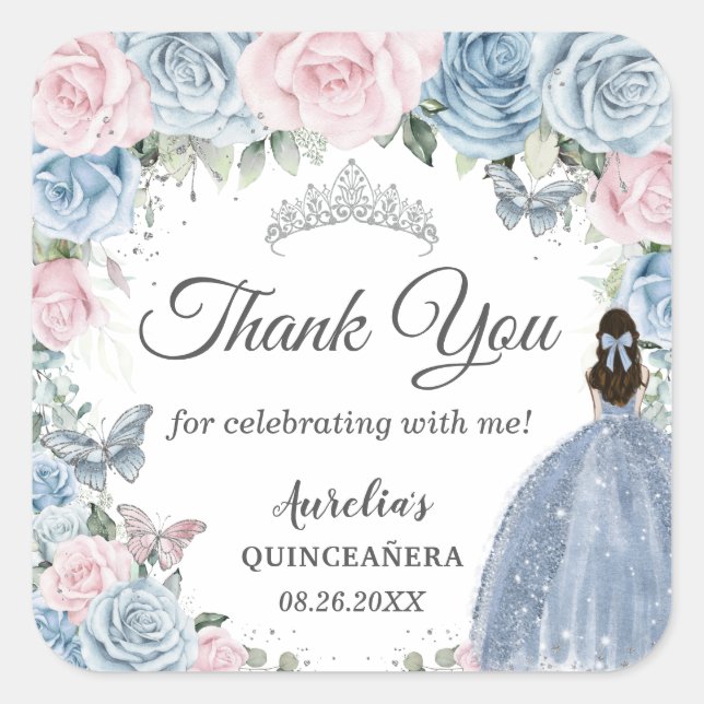 Sticker Carré Bébé bleu clair rose floral Quinceañera princesse (Devant)