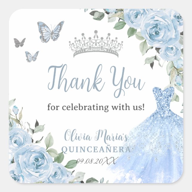 Sticker Carré Bébé Bleu Floral Princesse Robe Argent Quinceañera (Devant)