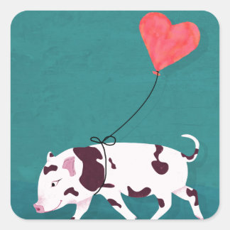 Sticker Carré Bébé Cochon Avec Ballons Coeur