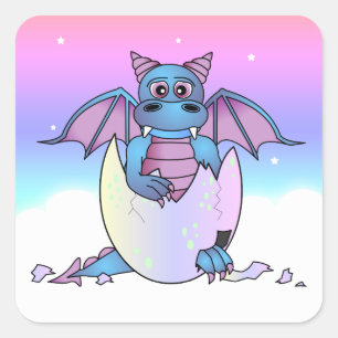 Sticker Carré Bébé de Dragon mignon dans Oeuf Cracké - Bleu / Vi