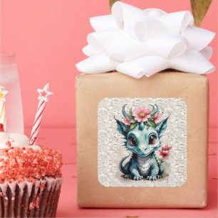 Sticker Carré Bébé Dragon aux fleurs roses et dentelle