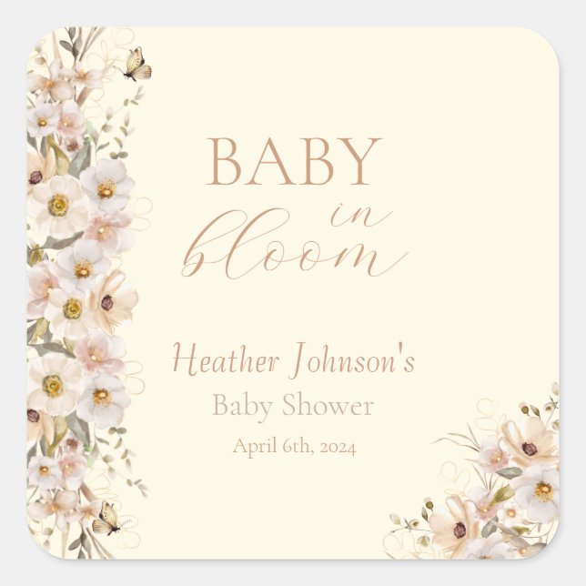 Sticker Carré Bébé En Fleur Boho Baby shower neutre (Devant)