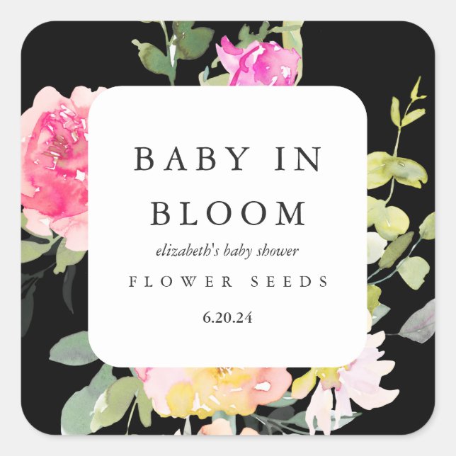 Sticker Carré Bébé en fleurs Baby shower floral noir (Devant)