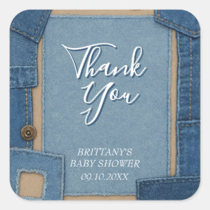 Sticker Carré Bébé en Jean Bleu Baby Shower