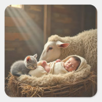 Bébé et chaton dormant dans une grange