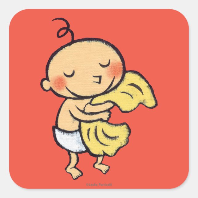 Sticker Carré Bébé étreignant la couverture jaune molle (Devant)
