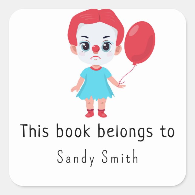 Sticker Carré Bébé fille clown "it" - Ce livre appartient à (Devant)