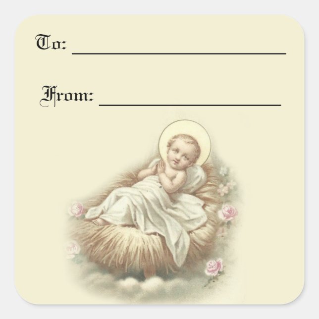 Sticker Carré Bébé Jésus cadeau de Noël (Devant)