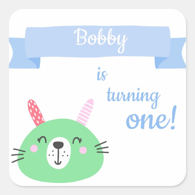 Sticker Carré Bébé Lapin | Célébration du 1er anniversaire du bé (Devant)