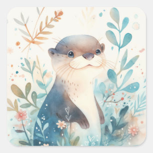 Sticker Carré Bébé loutre mignon debout dans des fleurs sauvages