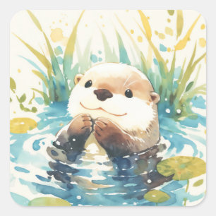Sticker Carré Bébé loutre mignon nageant dans un étang bleu
