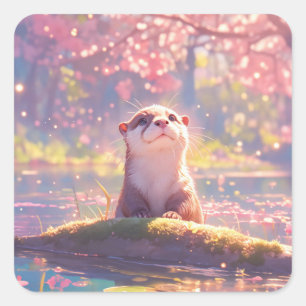 Sticker Carré Bébé loutre mignon regardant les fleurs de cerisie