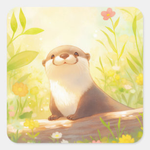 Sticker Carré Bébé loutre mignon regardant par-dessus une bûche 