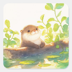 Sticker Carré Bébé loutre mignon reposant sur une bûche avec de