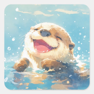 Sticker Carré Bébé loutre mignon riant éclaboussant dans l'eau