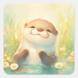 Sticker Carré Bébé loutre mignon souriant dans un étang ensoleil