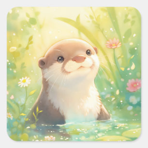 Sticker Carré Bébé loutre mignon souriant dans un étang scintill