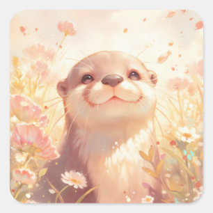 Sticker Carré Bébé loutre mignon souriant dans une prairie ensol