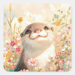 Sticker Carré Bébé loutre mignon souriant dans une prairie ensol