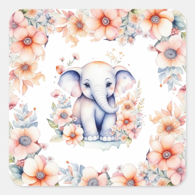 Sticker Carré Bébé mignon Baby shower de fille d'éléphant (Devant)