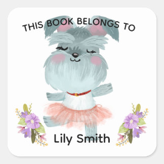 Sticker Carré Bébé mignon chien et enfants Nom bébé livre étique