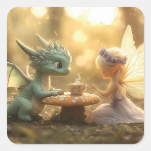 Sticker Carré Bébé mignon Dragon et Fée Profitant du thé