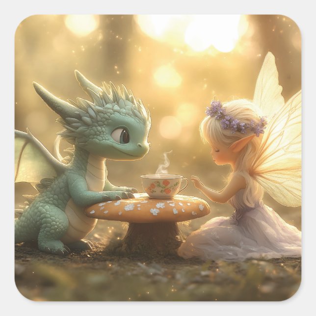 Sticker Carré Bébé mignon Dragon et Fée Profitant du thé (Devant)