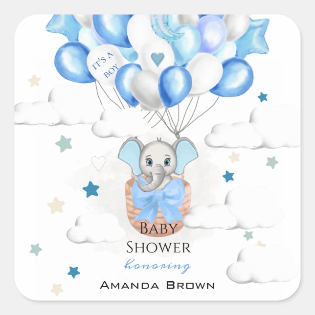 Sticker Carré Bébé mignon Eléphant Ballons Panier Baby shower ga (Devant)