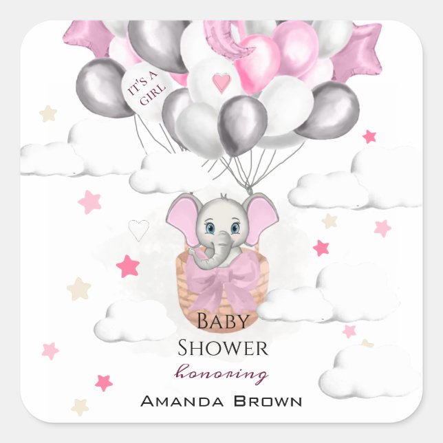 Sticker Carré Bébé mignon Eléphant Balloon Panier Baby shower fi (Devant)