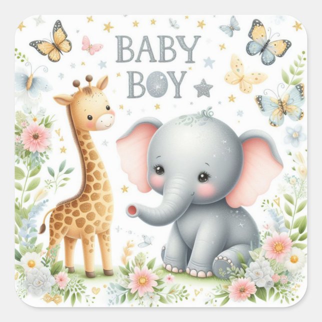 Sticker Carré Bébé mignon éléphant et girafe avec fleurs (Devant)
