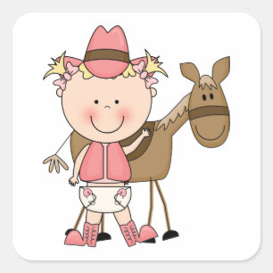Sticker Carré Bébé mignon fille et cheval poney sur mesure Occid